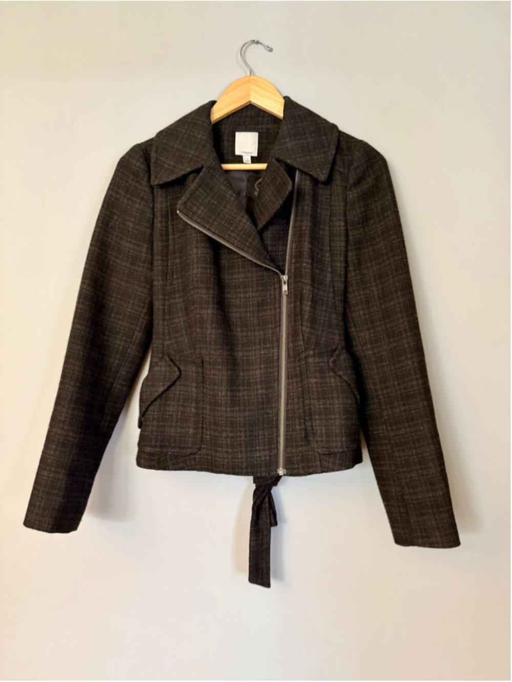 Women's Halogen Moto Jacket Size S Black Grey Plaid Wool Blend